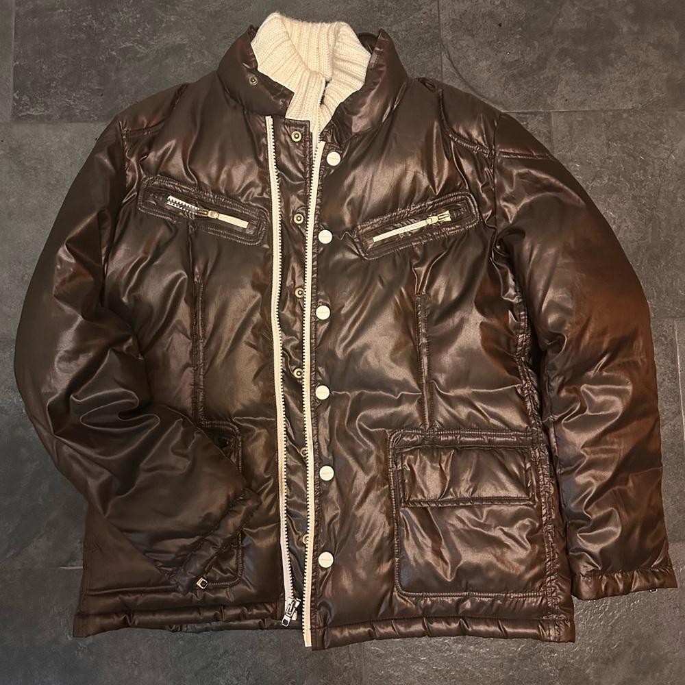 Chocolate Brown Puffer Jacket with removable knit collar.